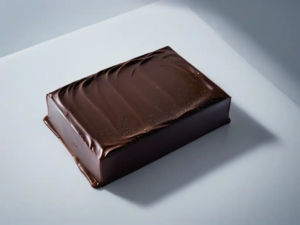 Una barra de chocolate perfectamente temperado, con brillo y textura impecables, sobre una superficie blanca