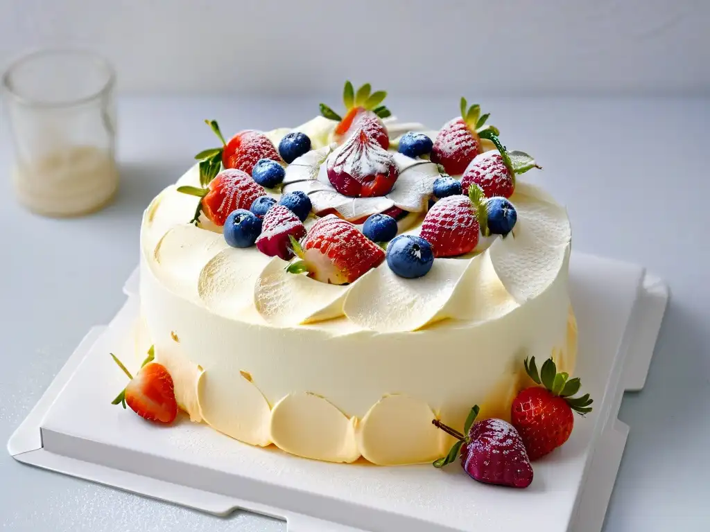 Una base de pavlova perfectamente horneada con merengue dorado y frutas frescas, historia pavlova postre base merengada