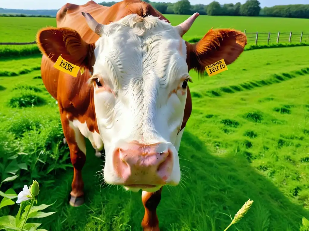 Bella vaca lechera disfrutando del pasto verde al atardecer, transmitiendo calma y conexión con la naturaleza