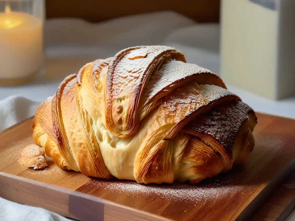 Bello croissant dorado recién horneado sobre mesa rústica de madera, destacando los beneficios de las mantequillas europeas en repostería