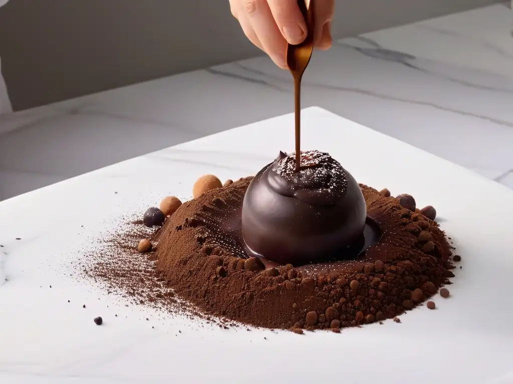 Beneficios del cacao puro en repostería: Chef espolvorea con elegancia un trufa de chocolate oscuro en mármol blanco brillante