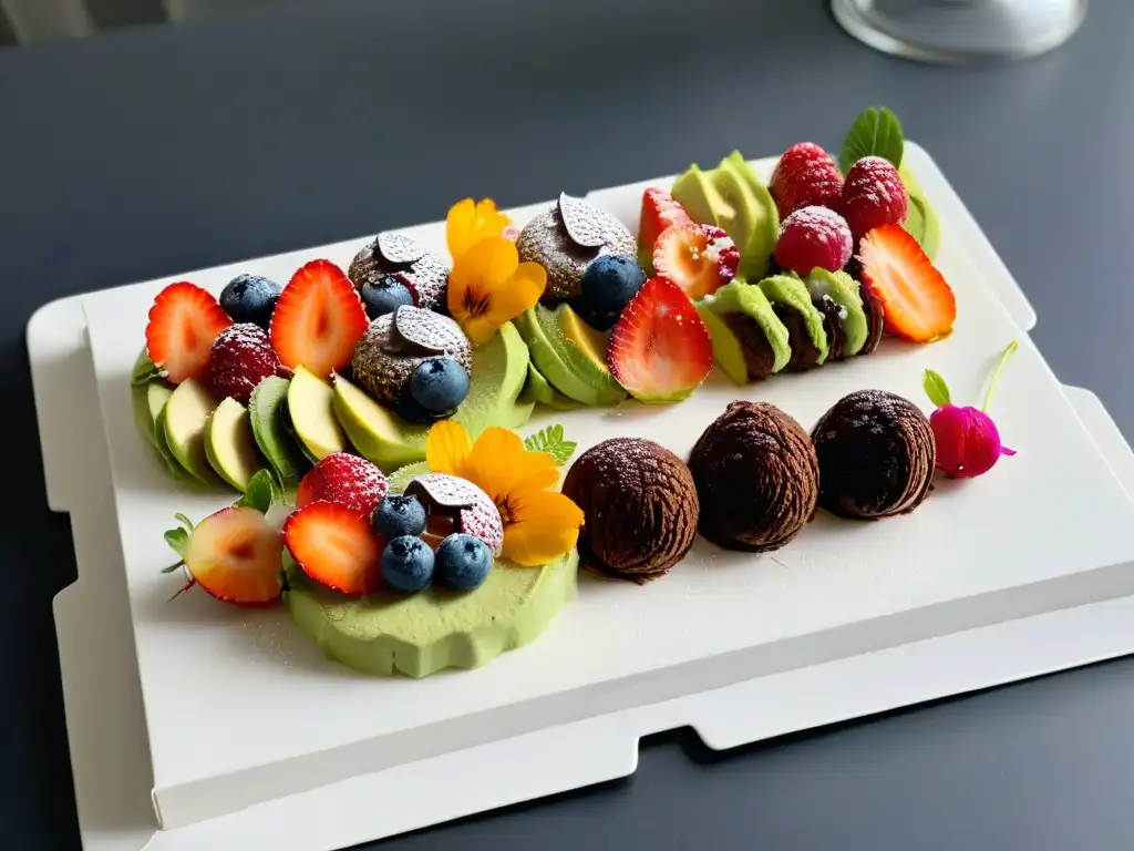 Delicias crudas: postres vibrantes y elegantes Beneficios postres raw saludables: Deliciosos postres crudos con frutas, mousse de aguacate y macarrones de coco en plato blanco moderno