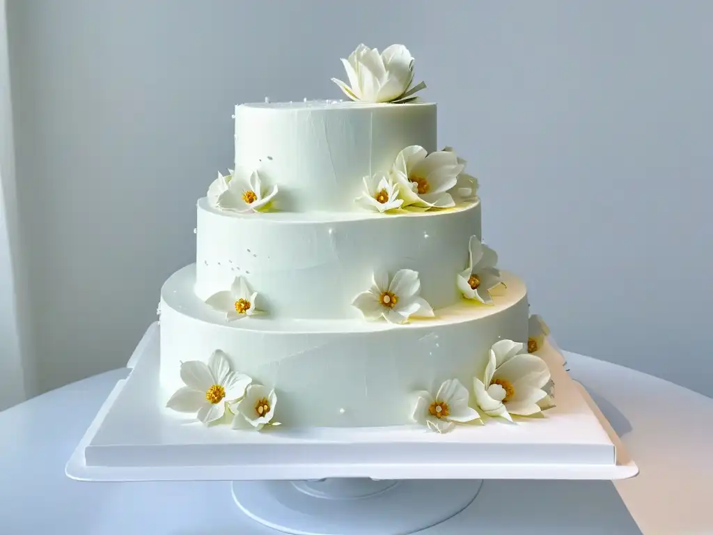 Transformación repostería Ron BenIsrael: Detalle de una cocina moderna con un impresionante pastel de bodas decorado con flores de azúcar