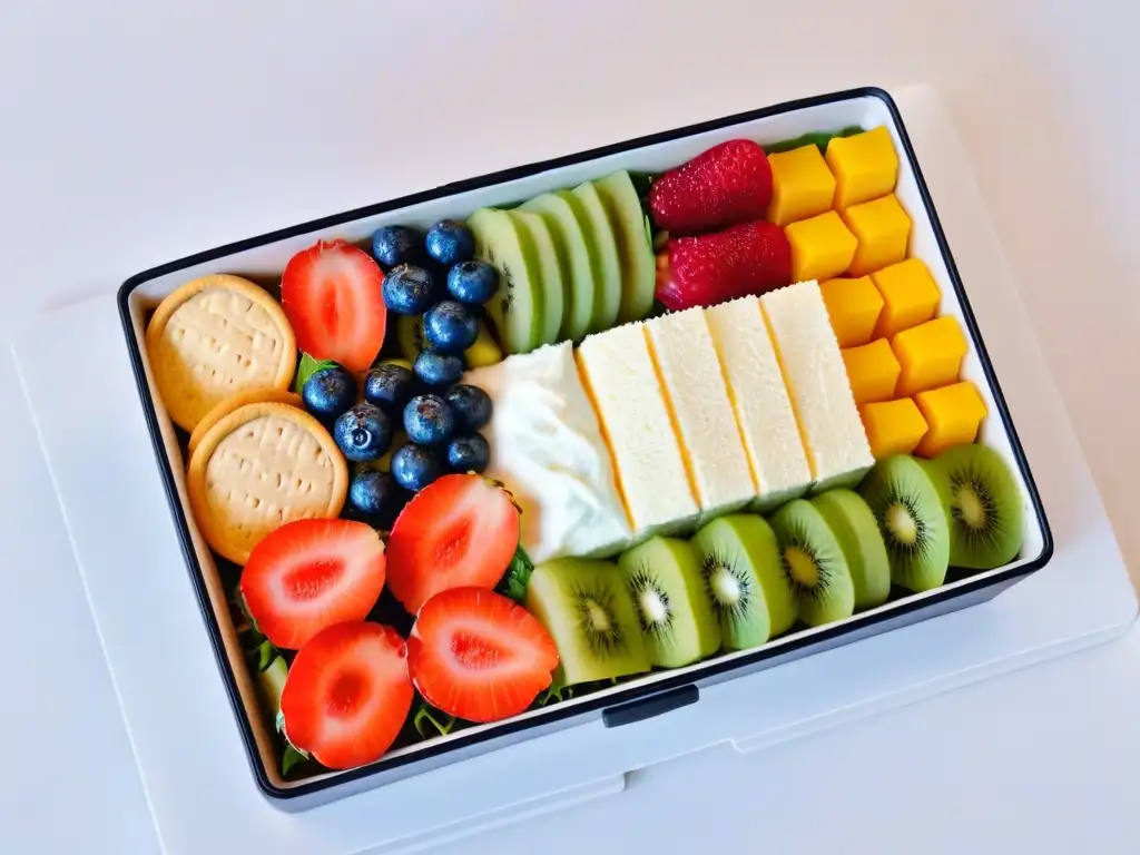 Un bento box perfectamente organizado con meriendas coloridas y saludables