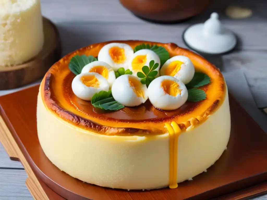 Un Bibingka filipino recién horneado, con mantequilla, queso y huevos de pato, sobre mesa rústica