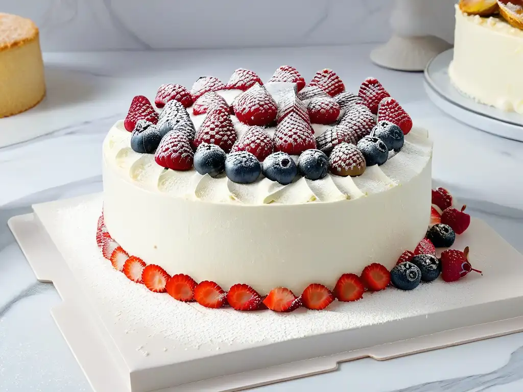 Un bizcocho de cumpleaños húmedo y esponjoso, decorado con bayas frescas y azúcar glas, sobre una encimera de mármol blanco