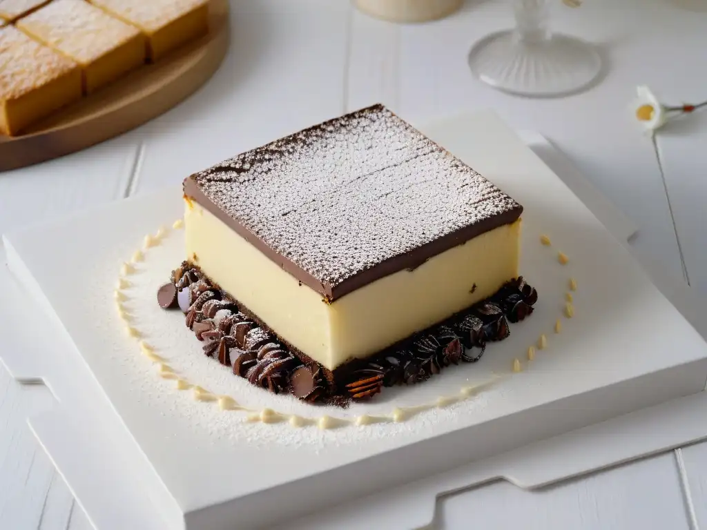 Un blondie dorado con chocolate en plato blanco con patrón floral, sobre mesa rústica