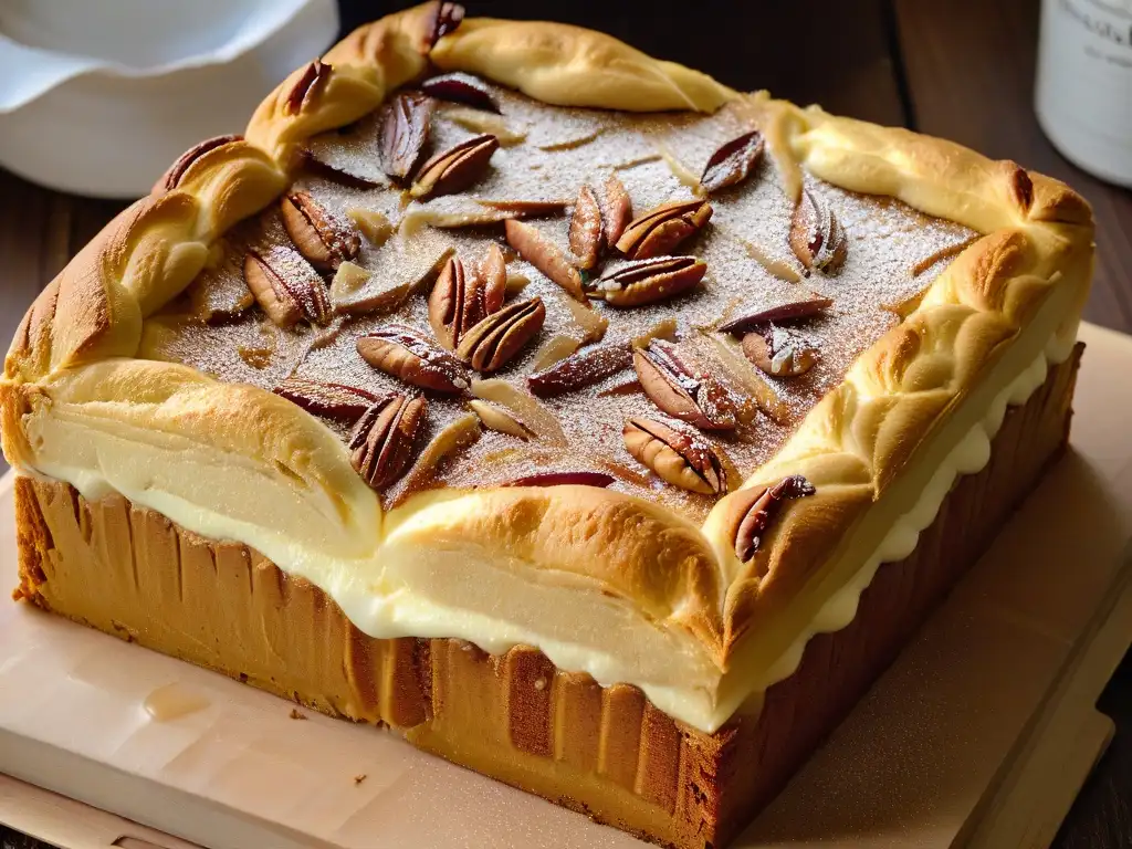 Un blondie dorado con trozos de chocolate blanco y nueces, recién horneado