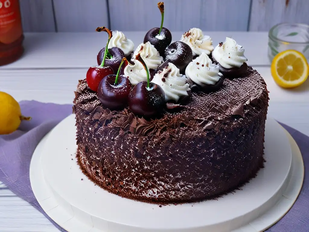 Un bocado de lujo: detallada rebanada de Black Forest cake con capas de chocolate, crema batida y cerezas