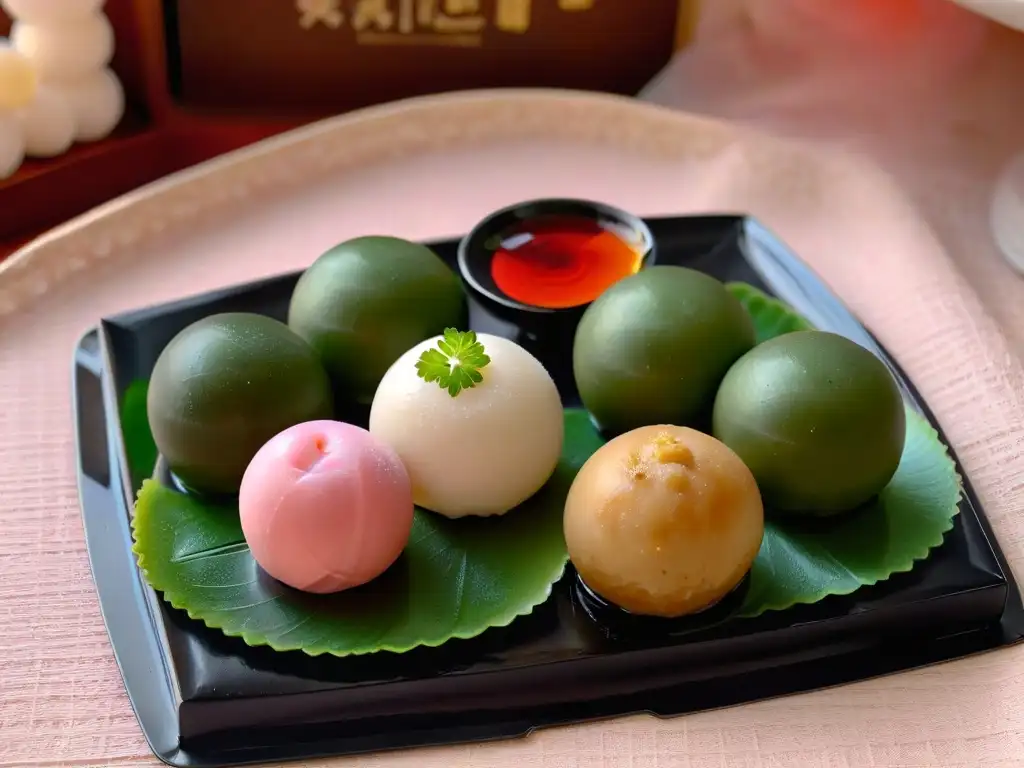 Un bodegón de dango japonés casero con tres variedades en un plato de cerámica tradicional