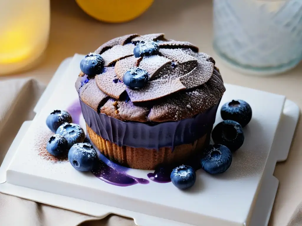 Bodegón de un muffin de arándanos con chía recién horneado, resaltando los beneficios de la chía en postres saludables