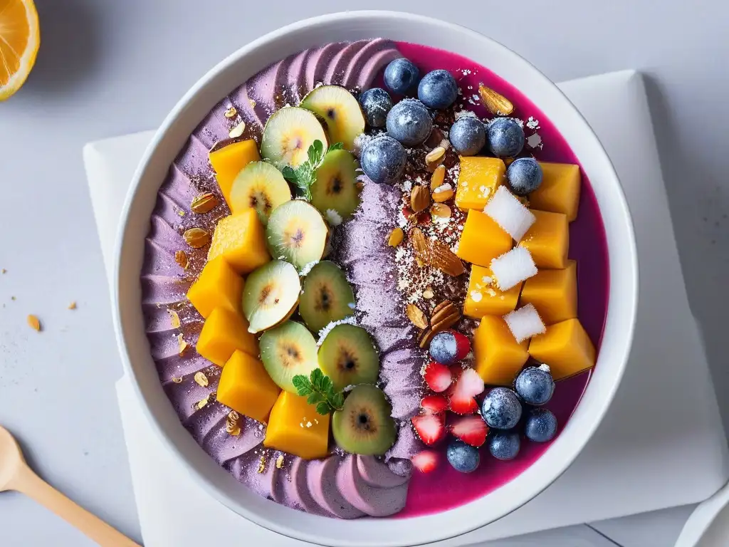 Un bol de açai morado vibrante con frutas tropicales y coco, chía, sobre fondo blanco