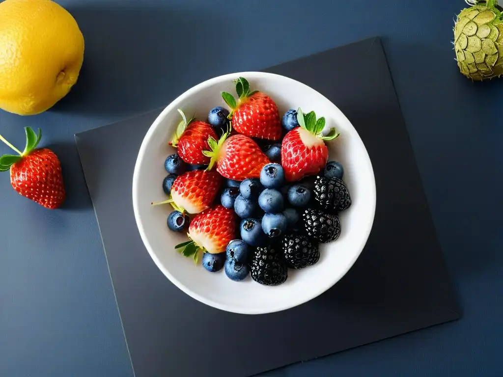 Un bol blanco moderno repleto de frutas vibrantes y frescas como fresas, arándanos, frambuesas y moras