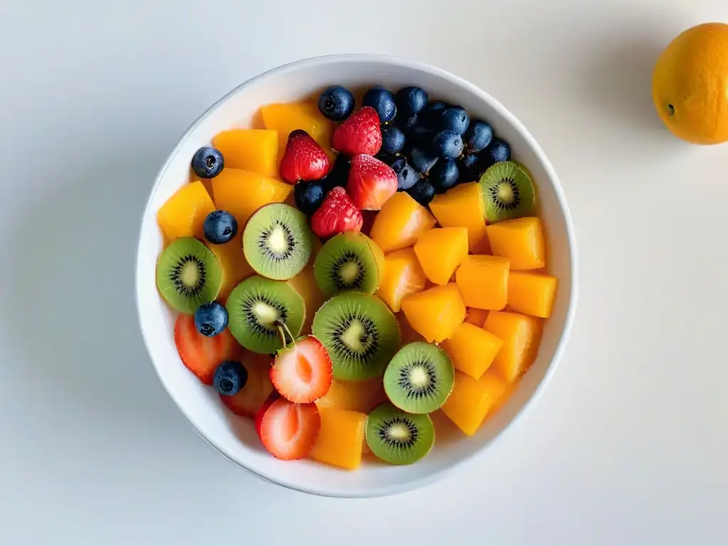 Un bol de vidrio lleno de frutas frescas coloridas como fresas, kiwi y naranjas, cortadas y dispuestas artísticamente en un fondo blanco limpio