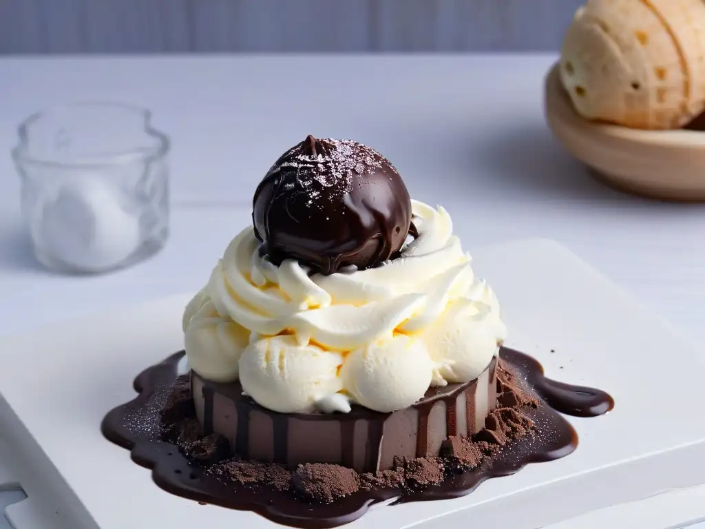 Una bola de helado casero con cristales de hielo, bañada en salsa de chocolate