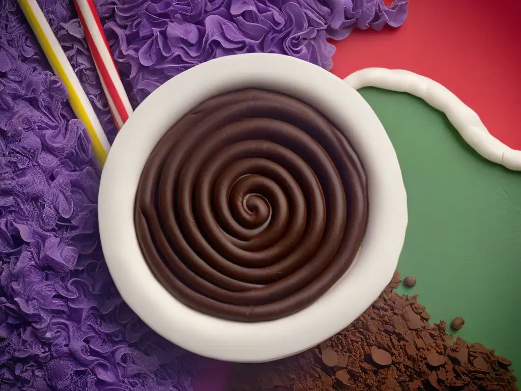 Boleto dorado en ríos de chocolate y dulces fantásticos Un boleto dorado rodeado de ríos de chocolate y golosinas, inspirado en las Recetas secretas de chocolate Wonka