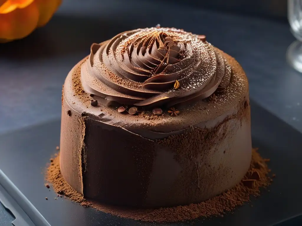 Bombón de chocolate con especias de calabaza, en superficie negra, textura suave y brillante