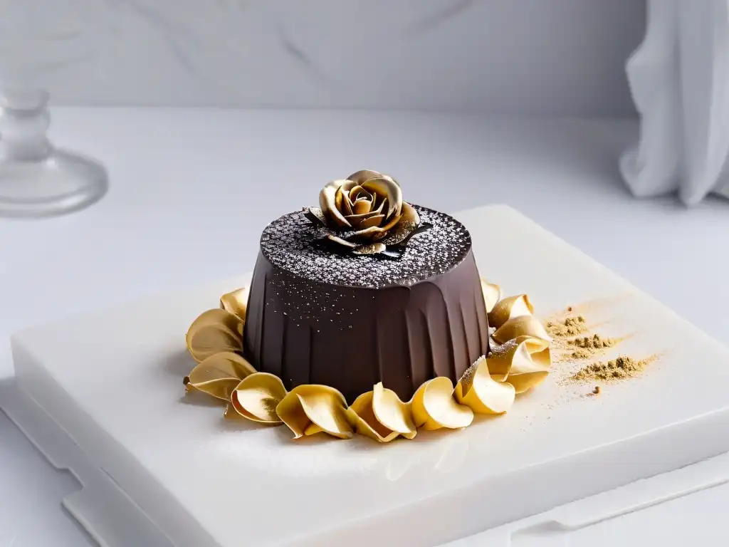 Bombón de chocolate negro decorado con oro comestible y una rosa de azúcar, sobre mármol blanco