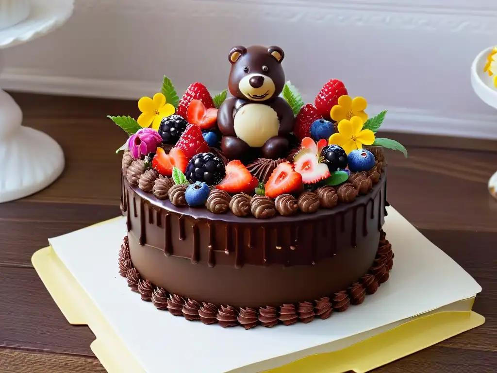 Escena de bosque de chocolate: deliciosamente detallada y mágica Un bosque de chocolate con animales y pastel, detalle y creatividad