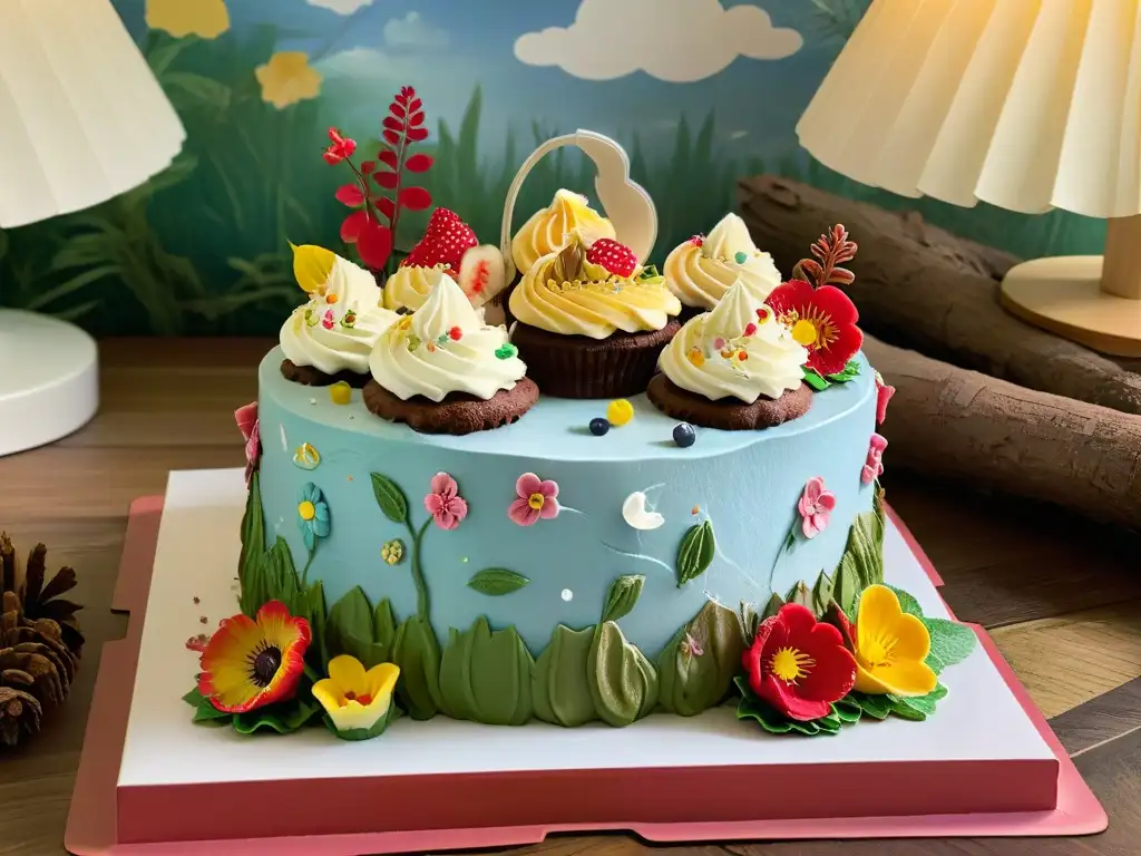 Un bosque encantado de postres veganos para niños, lleno de dulces y criaturas del bosque felices