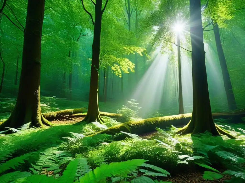 Un bosque exuberante y vibrante, con rayos de sol filtrándose entre el dosel