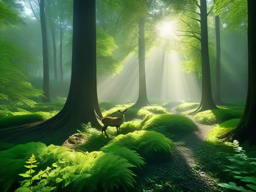 Un bosque sereno con una exuberante vegetación donde animales conviven en armonía, transmitiendo tranquilidad