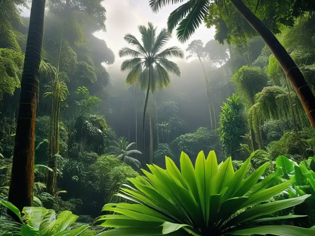 Un bosque tropical exuberante con flora y fauna diversa, destaca una palmera entre árboles