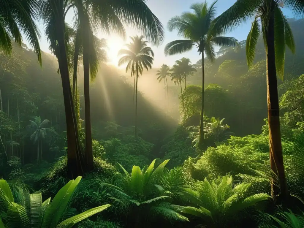 Un bosque tropical prístino con altas palmeras proyectando sombras en la suave luz dorada del atardecer