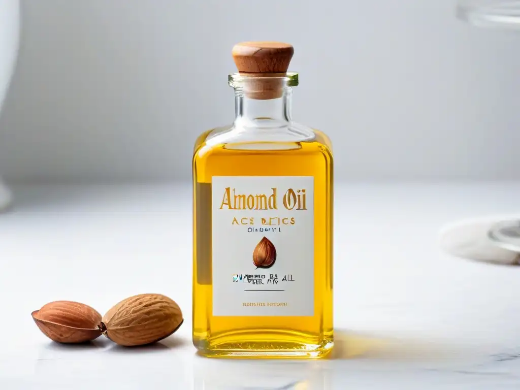Botella de aceite de almendras dorado en mármol blanco bajo luz natural suave