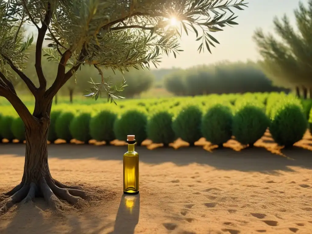 Botella de aceite de oliva dorado en un campo de olivos, reflejos naturales