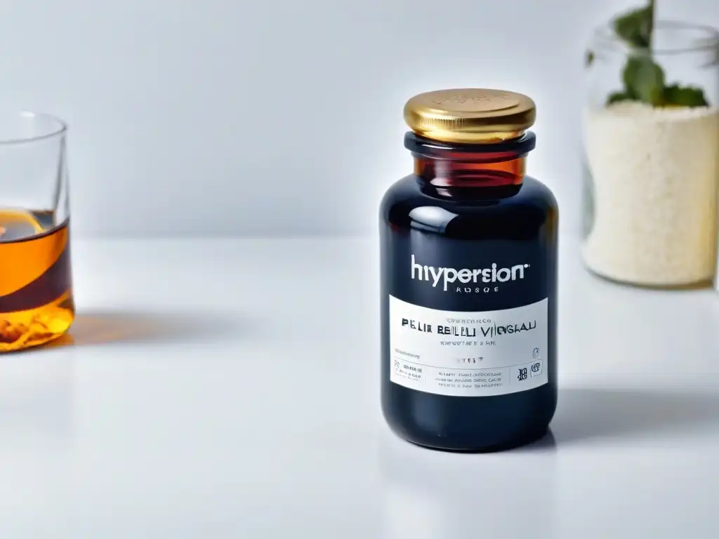 Botella elegante de vinagre balsámico oscuro en una cocina moderna, minimalista
