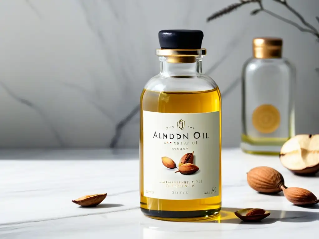 Botella de vidrio con aceite de almendras dorado sobre encimera de mármol