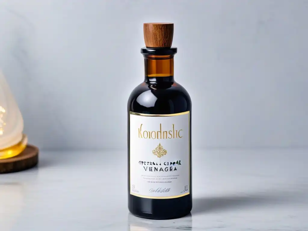 Botella de vidrio con vinagre balsámico sobre mármol blanco