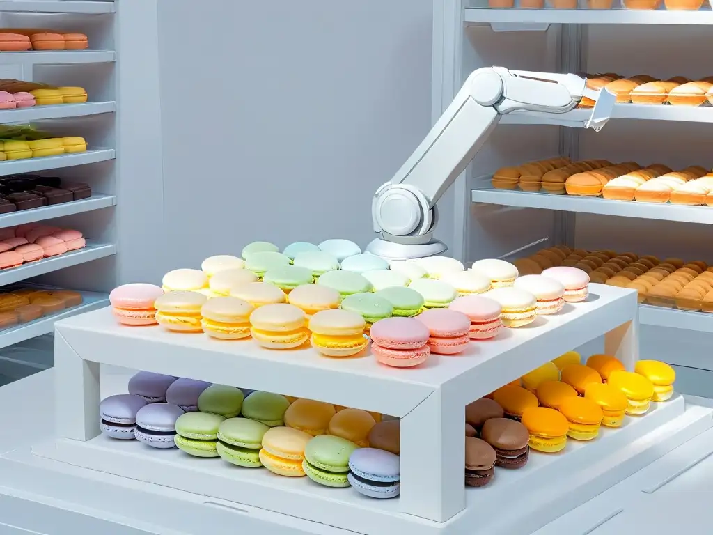 Un brazo robot moderno organiza delicadamente macarons pastel en una repostería, mostrando eficiencia en la administración de inventario