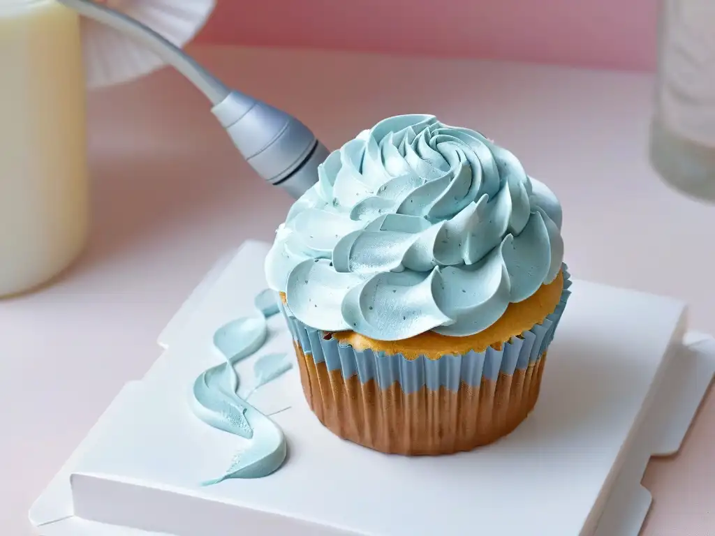 Un brazo robótico detallado decora un exquisito cupcake en un entorno pastel