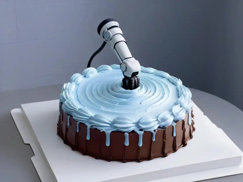 Un brazo robótico detallado decora con precisión un pastel miniatura, fusionando tecnología y arte en repostería para sabores innovadores