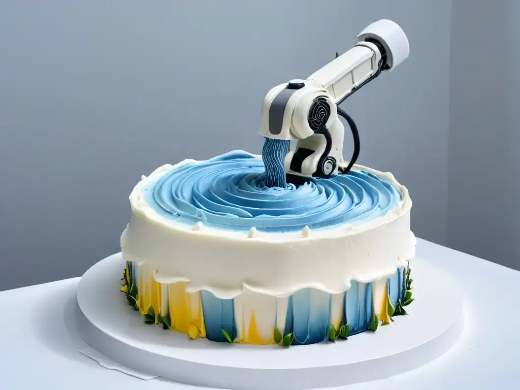 Un brazo robótico detallado decora con precisión una tarta, fusionando tecnología y repostería