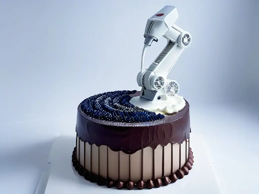 Un brazo robótico futurista decora con precisión una tarta