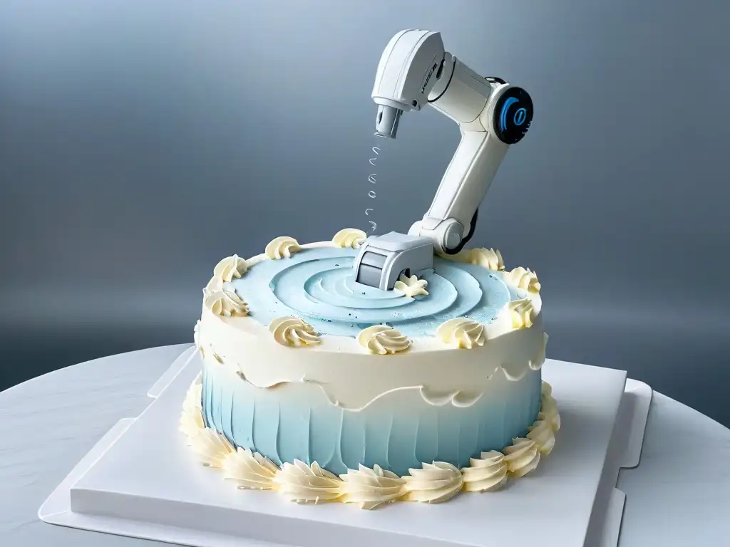 Un brazo robótico industrial moderno y elegante decora una tarta con precisión, mostrando innovación en seguridad alimentaria