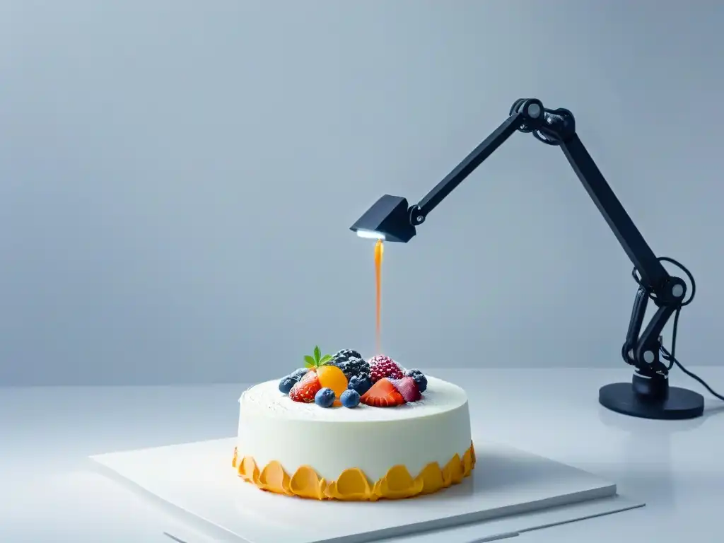 Un brazo robótico minimalista y futurista decora con precisión y arte un postre gourmet, fusionando tecnología y arte culinario