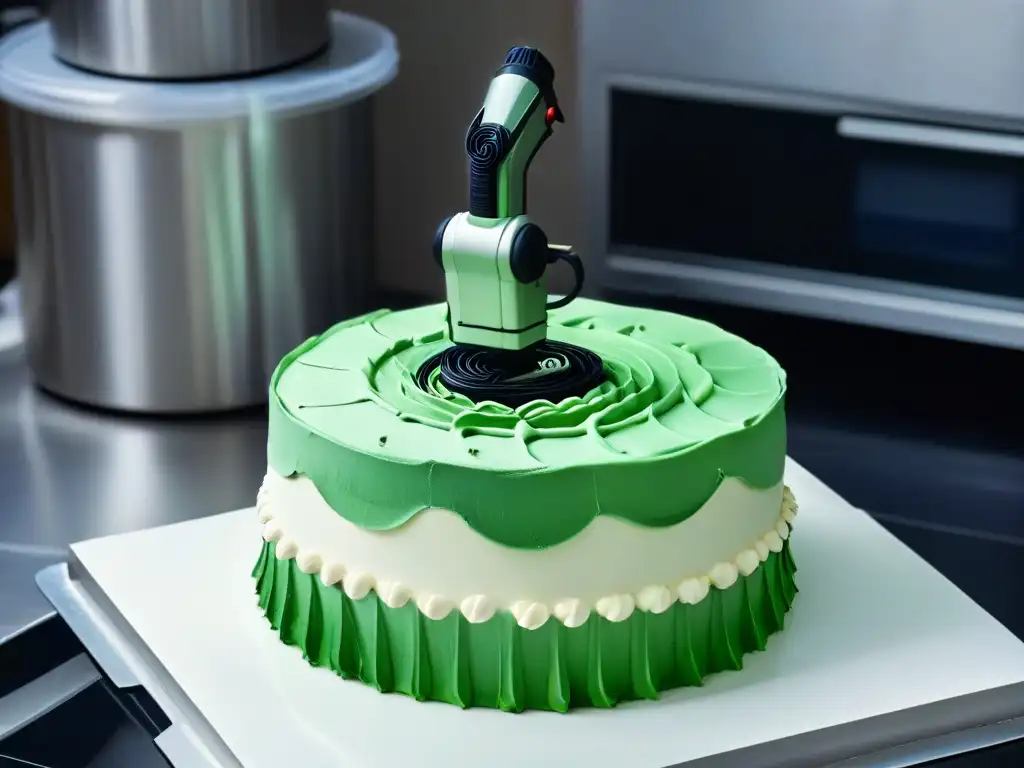 Un brazo robótico moderno y elegante decorando una tarta en una cocina futurista con utensilios de alta tecnología y ingredientes organizados