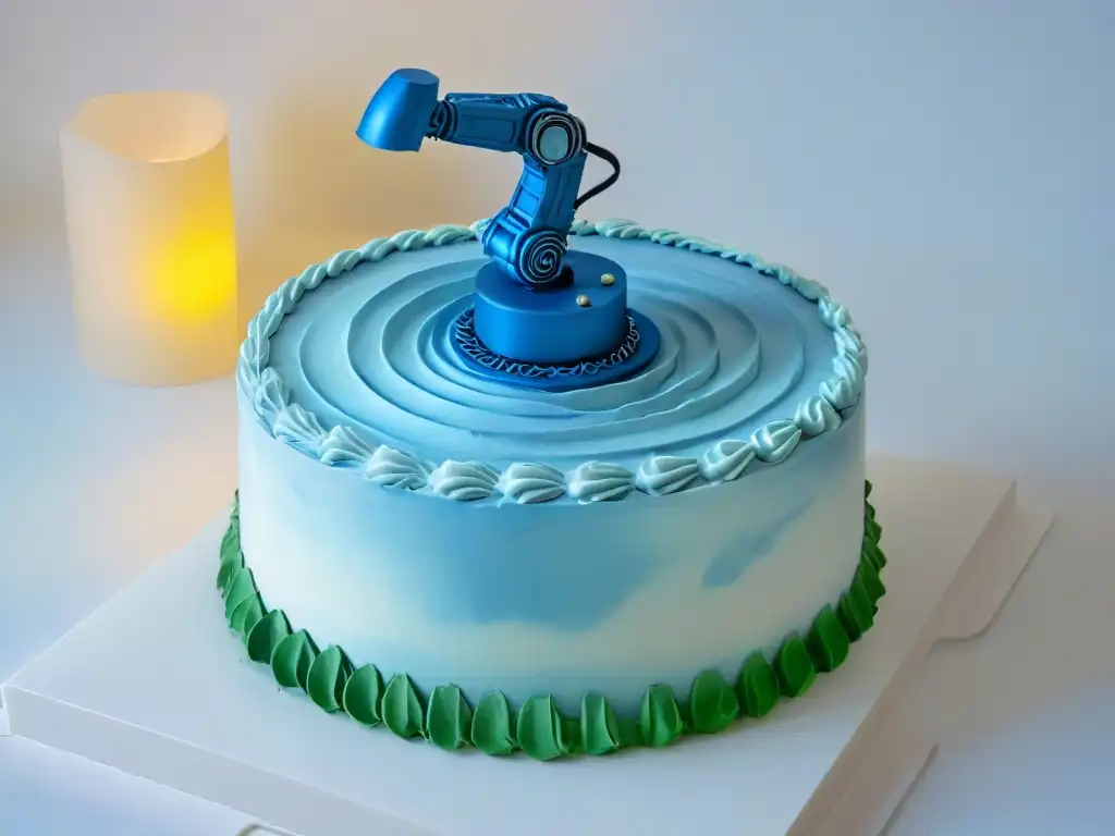 Un brazo robótico moderno adorna con precisión una torta mientras un escenario futurista de cocina muestra tecnología avanzada