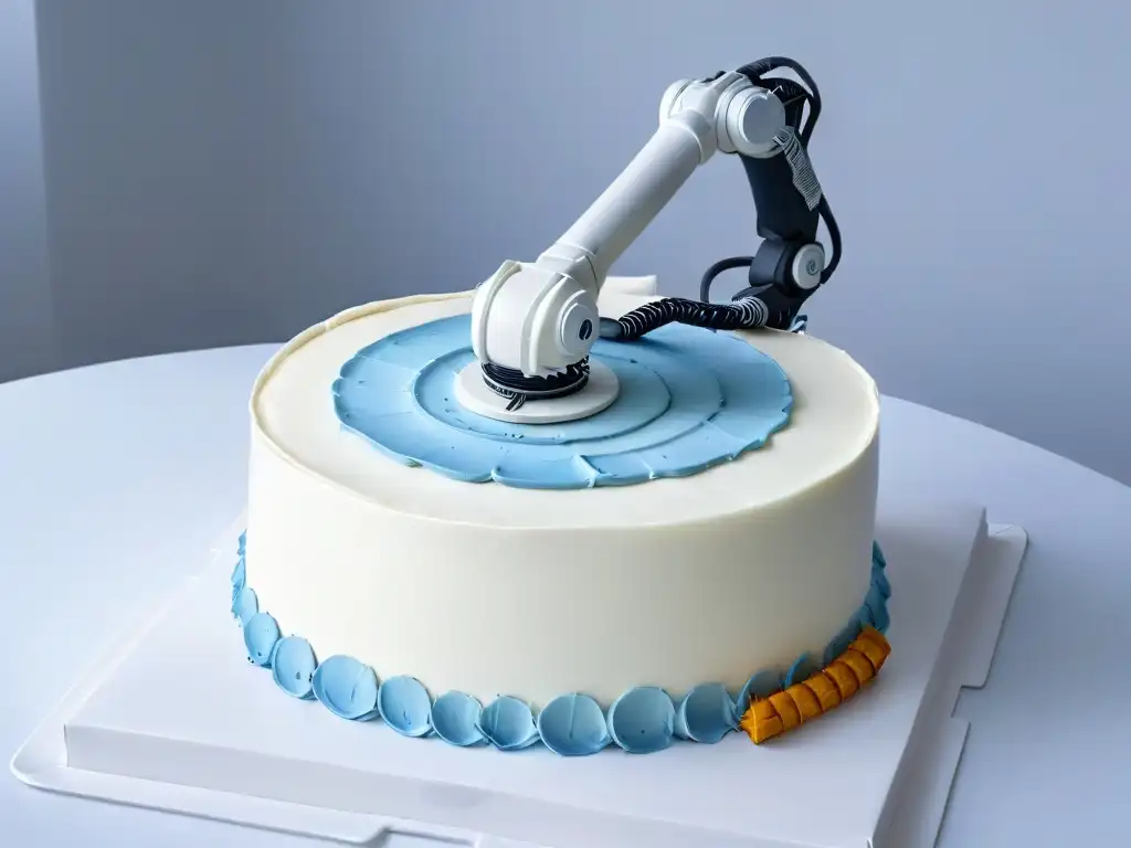 Un brazo robótico decorando un pastel con precisión y tecnología avanzada