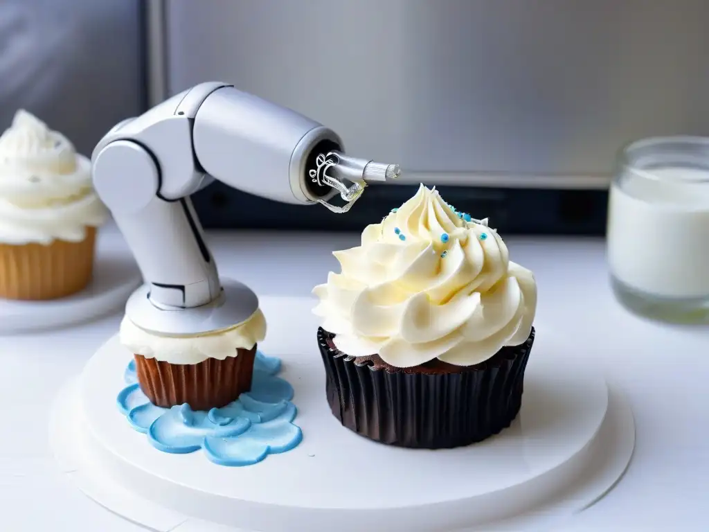 Robótica en repostería: brazo plateado decorando cupcakes Un brazo robótico plateado decorando minicupcakes con precisión y delicadeza en una moderna cocina de pastelería
