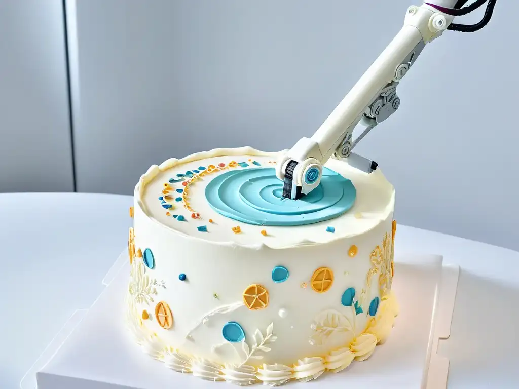 Un brazo robótico de última generación decorando con precisión un pastel, fusionando tecnología y arte en repostería