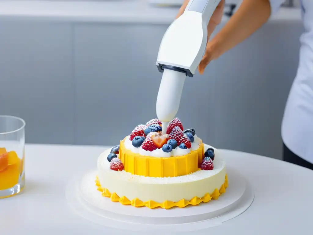 Un brazo robótico decora con precisión un postre colorido en una cocina blanca, mostrando la robótica en personalización de postres