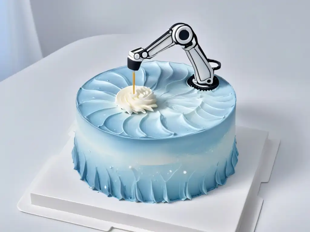 Un brazo robotizado plateado decorando con precisión una tarta en un ambiente pastel