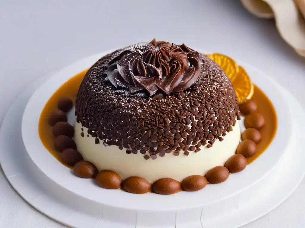 Un brigadeiro gourmet, exquisitamente presentado en un plato blanco minimalista