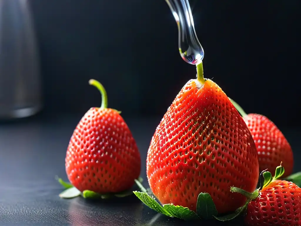 Brillante gota de agua sobre fresa roja, resaltando la Importancia del agua en repostería