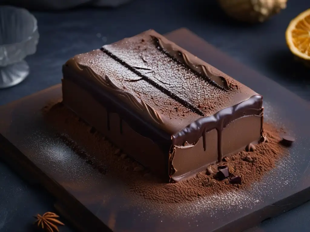 Brillante tableta de chocolate temperado para repostería, con intrincados remolinos y polvo de cacao, sobre fondo negro